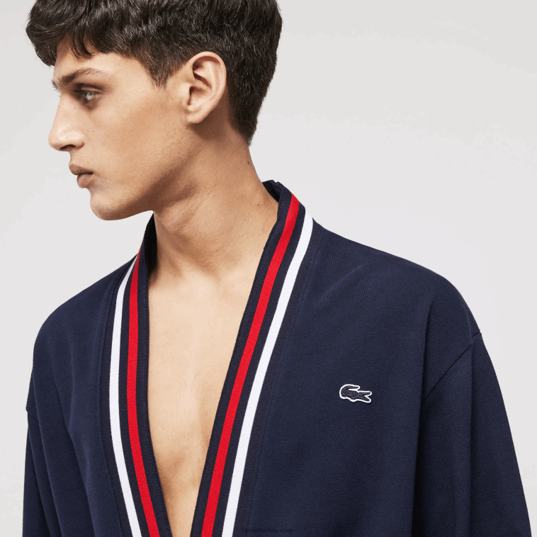 hombres Lacoste azul marino 166 bata de piqué de algodón con banda tricolor N6XZ21571