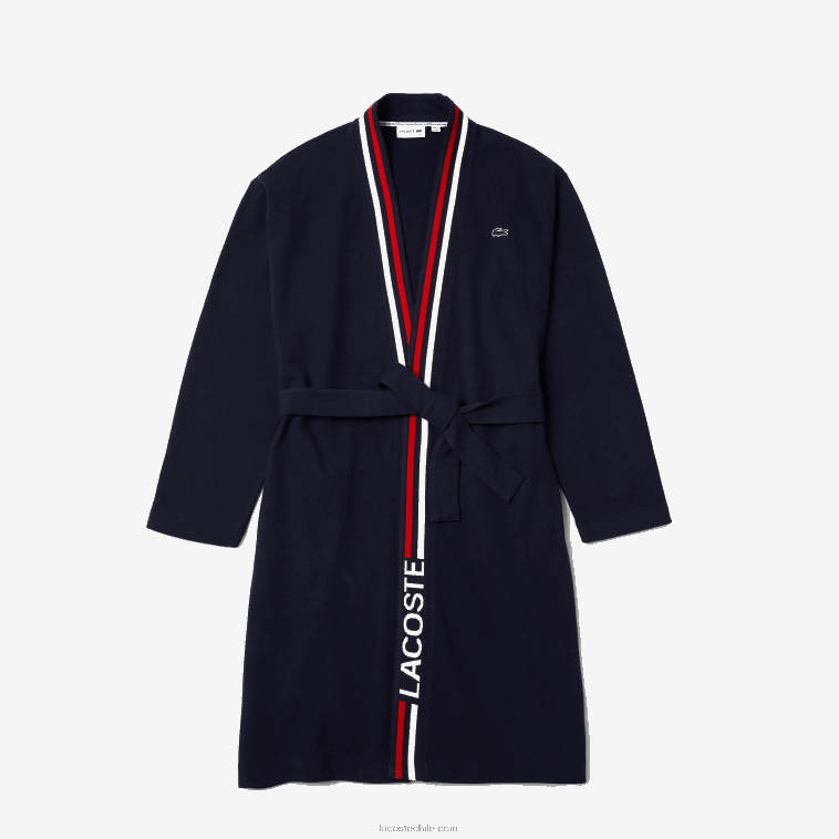 hombres Lacoste azul marino 166 bata de piqué de algodón con banda tricolor N6XZ21571