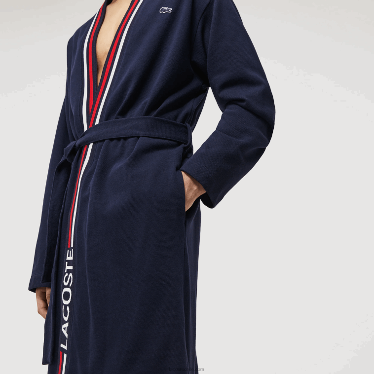 hombres Lacoste azul marino 166 bata de piqué de algodón con banda tricolor N6XZ21571