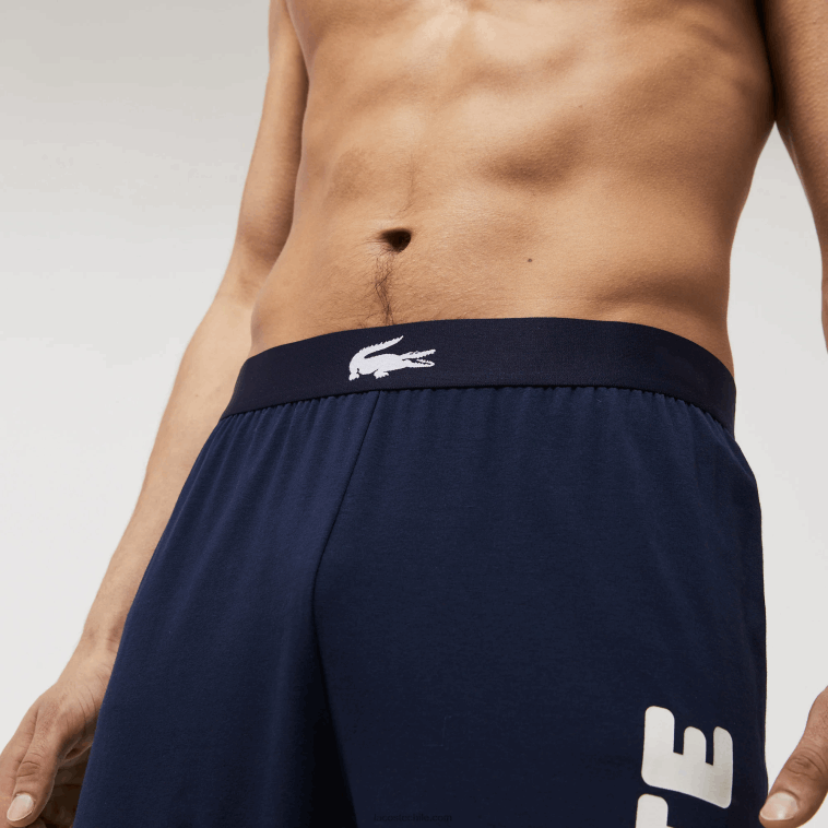 hombres Lacoste azul marino blanco 525 pantalones de pijama de algodón elástico con estampado de cocodrilo N6XZ21456