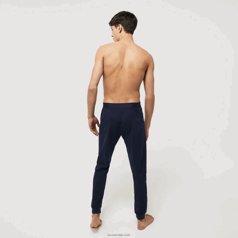 hombres Lacoste azul marino blanco 525 pantalones de pijama de algodón elástico con estampado de cocodrilo N6XZ21456