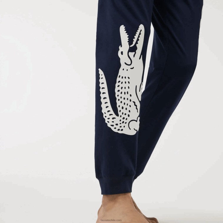 hombres Lacoste azul marino blanco 525 pantalones de pijama de algodón elástico con estampado de cocodrilo N6XZ21456
