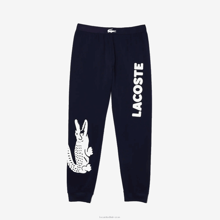 hombres Lacoste azul marino blanco 525 pantalones de pijama de algodón elástico con estampado de cocodrilo N6XZ21456