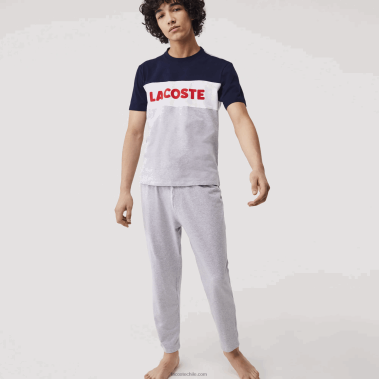 hombres Lacoste gris chino azul marino blanco rojo 4ty conjunto de pijama largo de algodón elástico con bloques de color N6XZ21510