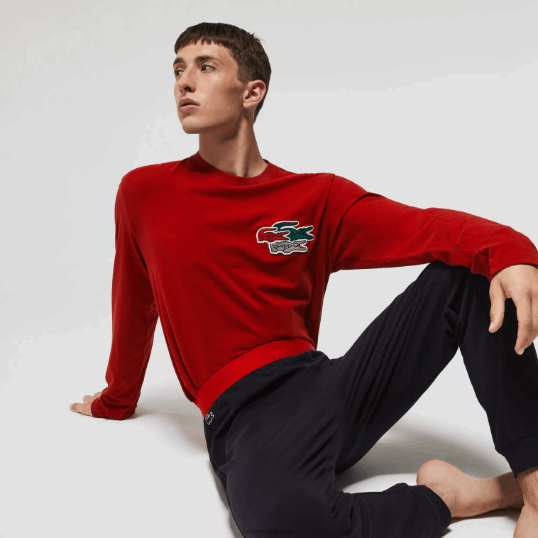 hombres Lacoste rojo azul marino rx1 conjunto de pijama largo de algodón elástico N6XZ21639