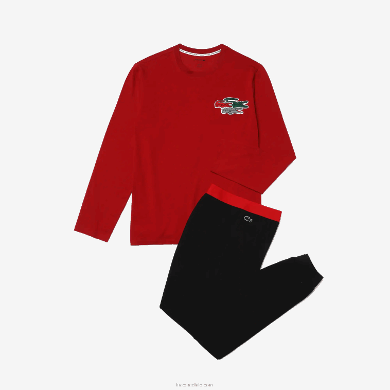 hombres Lacoste rojo azul marino rx1 conjunto de pijama largo de algodón elástico N6XZ21639