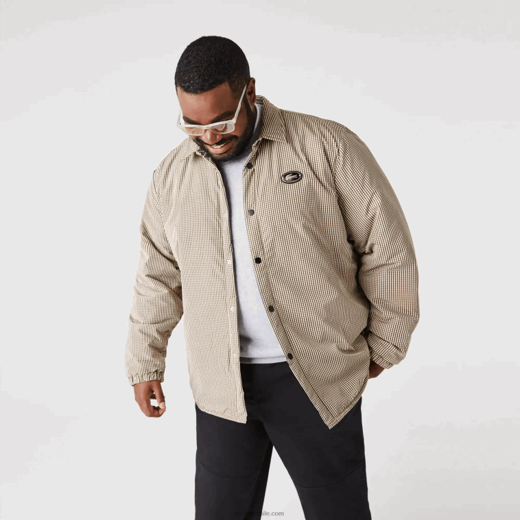 hombres Lacoste beige marino caqui verde 87e sobrecamisa repelente al agua con estampado de cuadros N6XZ21549