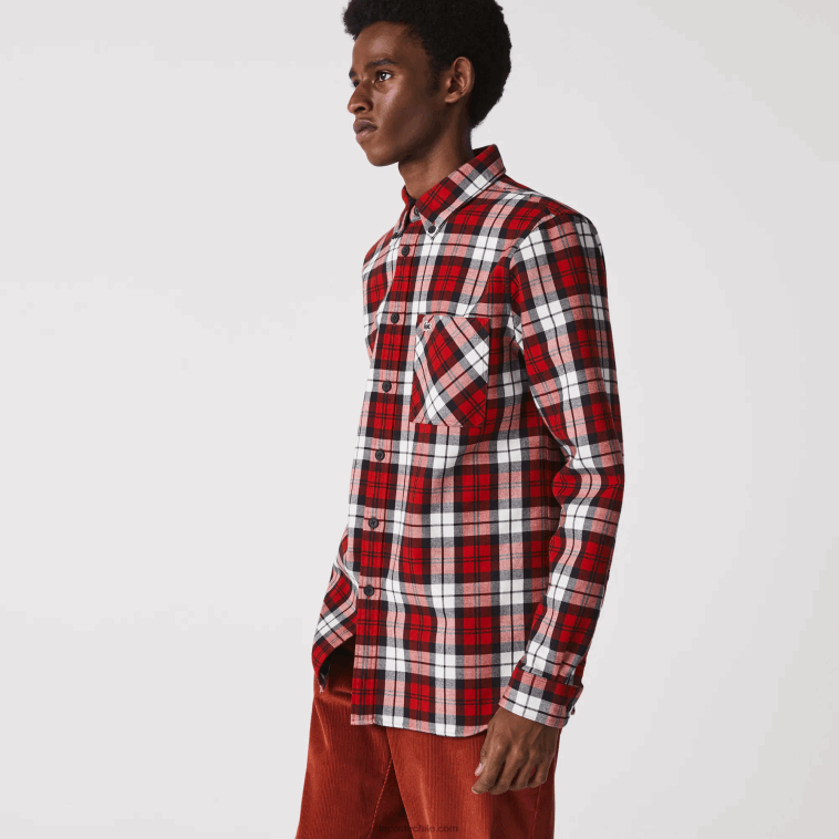 hombres Lacoste blanco rojo azul marino sxb sobrecamisa de franela gruesa de cuadros regular fit N6XZ21607