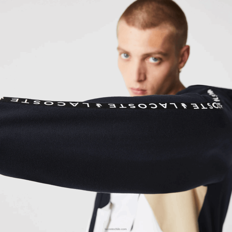 hombres Lacoste azul marino blanco beige e8t sudadera con capucha, cremallera y letras color block N6XZ2997
