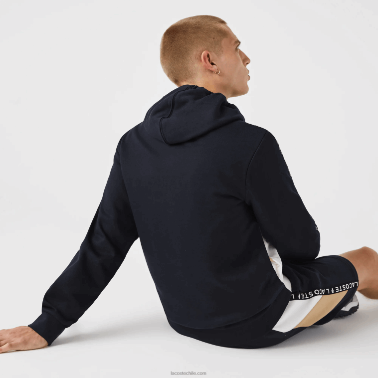 hombres Lacoste azul marino blanco beige e8t sudadera con capucha, cremallera y letras color block N6XZ2997