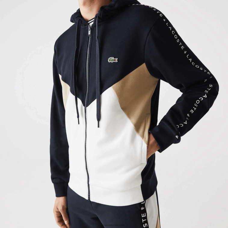 hombres Lacoste azul marino blanco beige e8t sudadera con capucha, cremallera y letras color block N6XZ2997