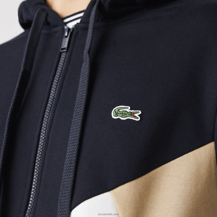 hombres Lacoste azul marino blanco beige e8t sudadera con capucha, cremallera y letras color block N6XZ2997