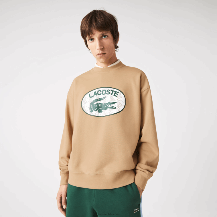 hombres Lacoste beige 02s sudadera holgada con monograma de la marca N6XZ21009