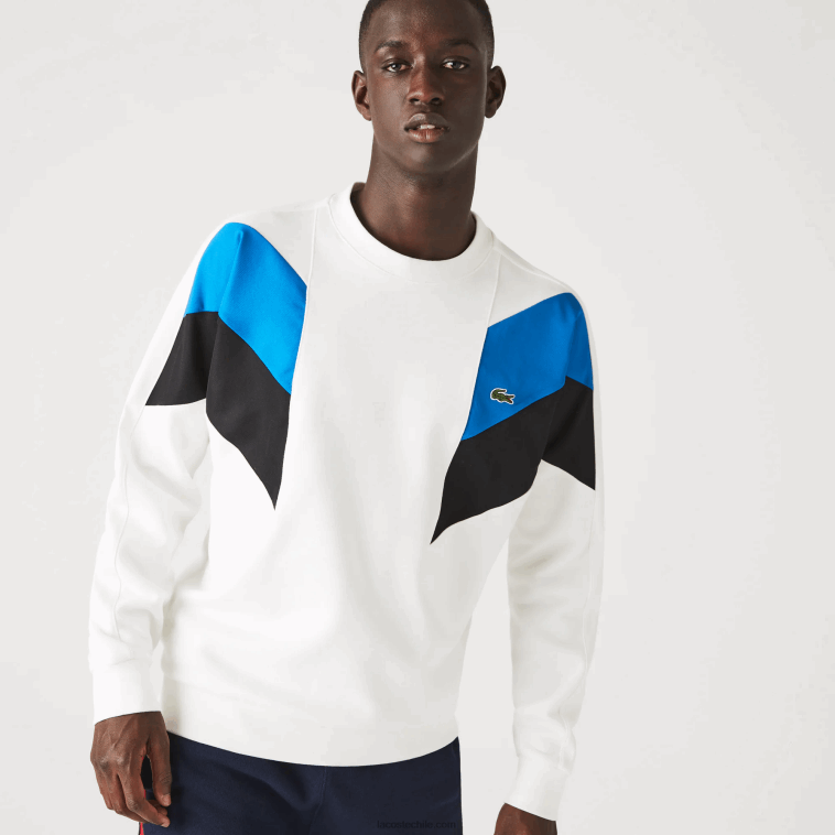 hombres Lacoste blanco azul negro wza sudadera con cuello redondo y diseño de bloques de colores N6XZ21127