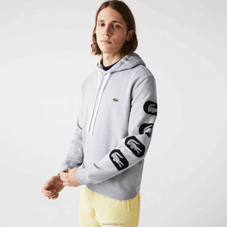 hombres Lacoste cca gris sudadera con capucha y mangas estampadas N6XZ21200