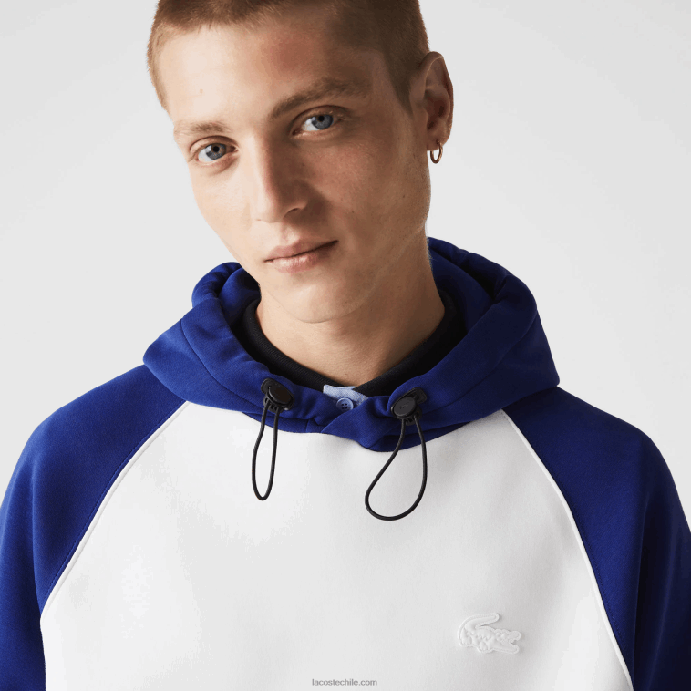 hombres Lacoste eme blanco azul sudadera bicolor con capucha y bolsillo con cremallera en contraste N6XZ21190