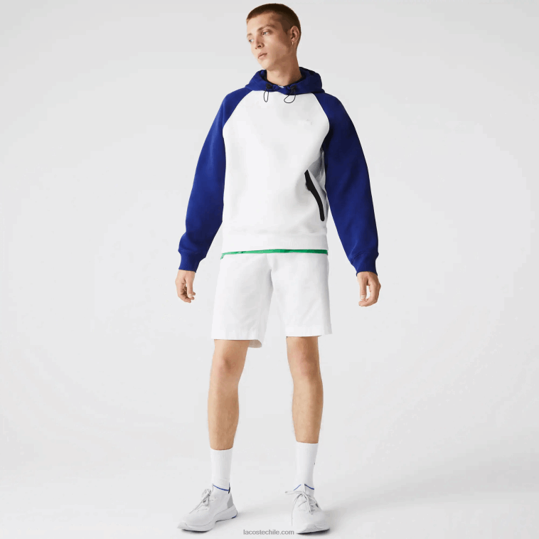 hombres Lacoste eme blanco azul sudadera bicolor con capucha y bolsillo con cremallera en contraste N6XZ21190