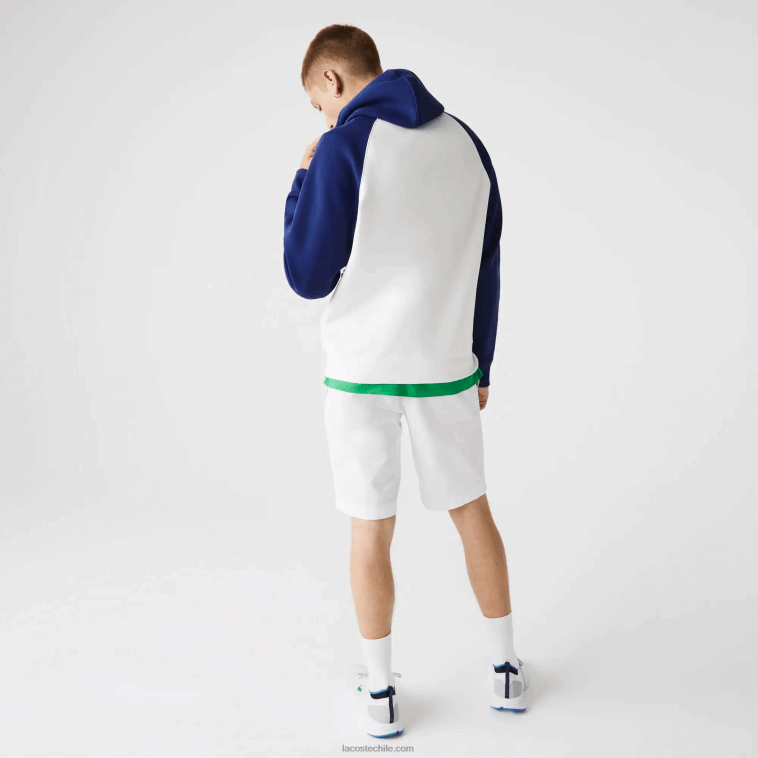 hombres Lacoste eme blanco azul sudadera bicolor con capucha y bolsillo con cremallera en contraste N6XZ21190