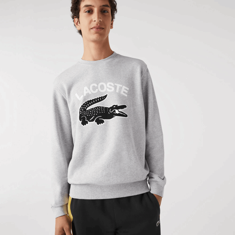 hombres Lacoste lomo gris cca sudadera con estampado de cocodrilo y cuello redondo N6XZ21030