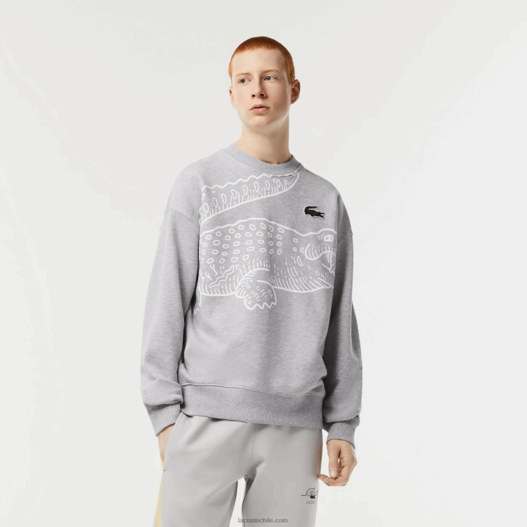 hombres Lacoste lomo gris cca sudadera holgada con cuello redondo y estampado de cocodrilo N6XZ2362