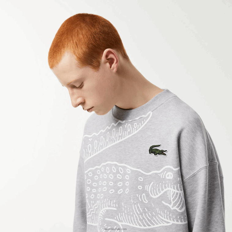 hombres Lacoste lomo gris cca sudadera holgada con cuello redondo y estampado de cocodrilo N6XZ2362