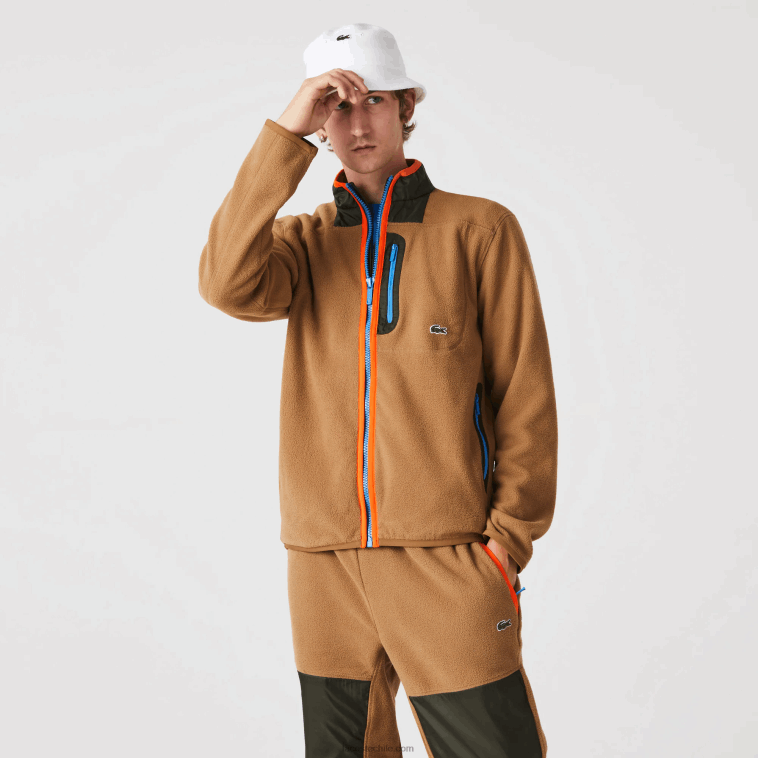 hombres Lacoste marrón caqui verde 89f sudadera de polar con cremallera y ajuste holgado N6XZ2979