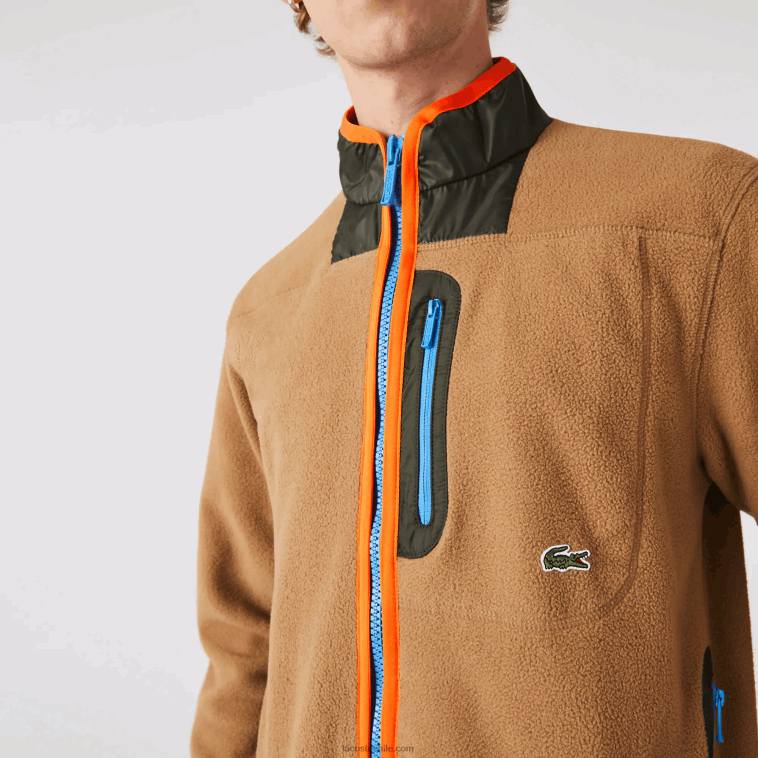 hombres Lacoste marrón caqui verde 89f sudadera de polar con cremallera y ajuste holgado N6XZ2979
