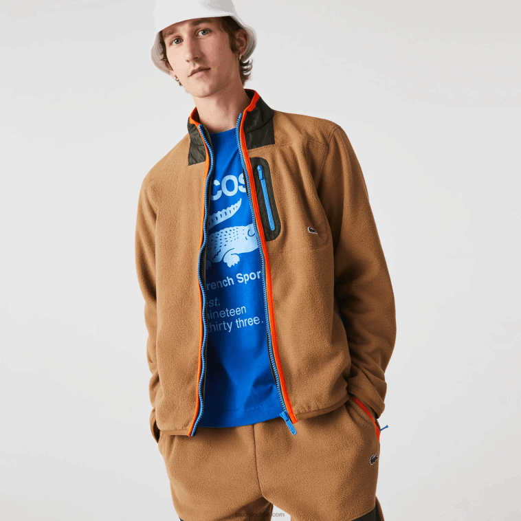 hombres Lacoste marrón caqui verde 89f sudadera de polar con cremallera y ajuste holgado N6XZ2979