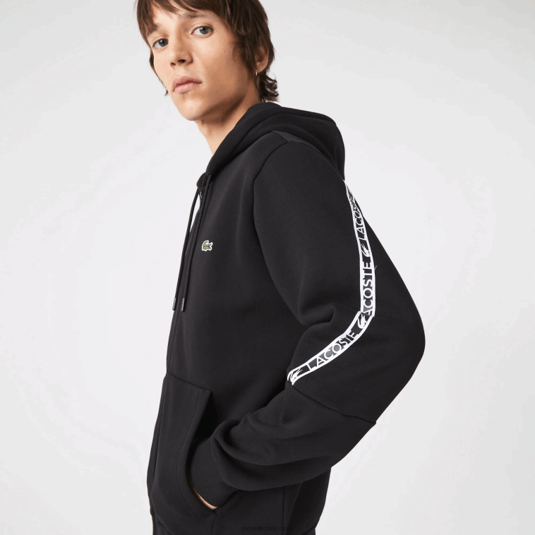 hombres Lacoste negro 031 sudadera con capucha y bandas estampadas N6XZ21240 hombres Lacoste negro 031 sudadera con capucha y bandas estampadas N6XZ21240