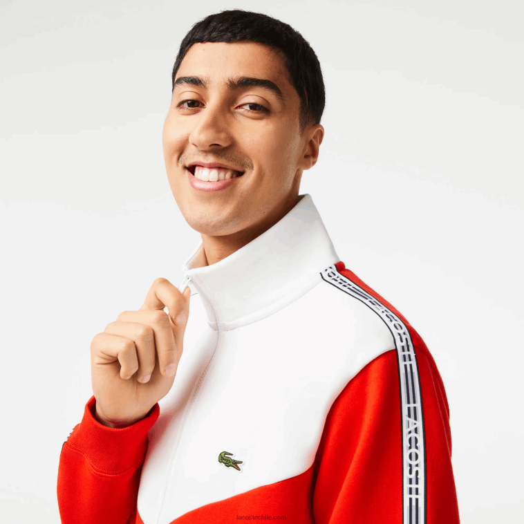 hombres Lacoste rojo blanco 75s sudadera de corte clásico con cremallera y bloques de color N6XZ219