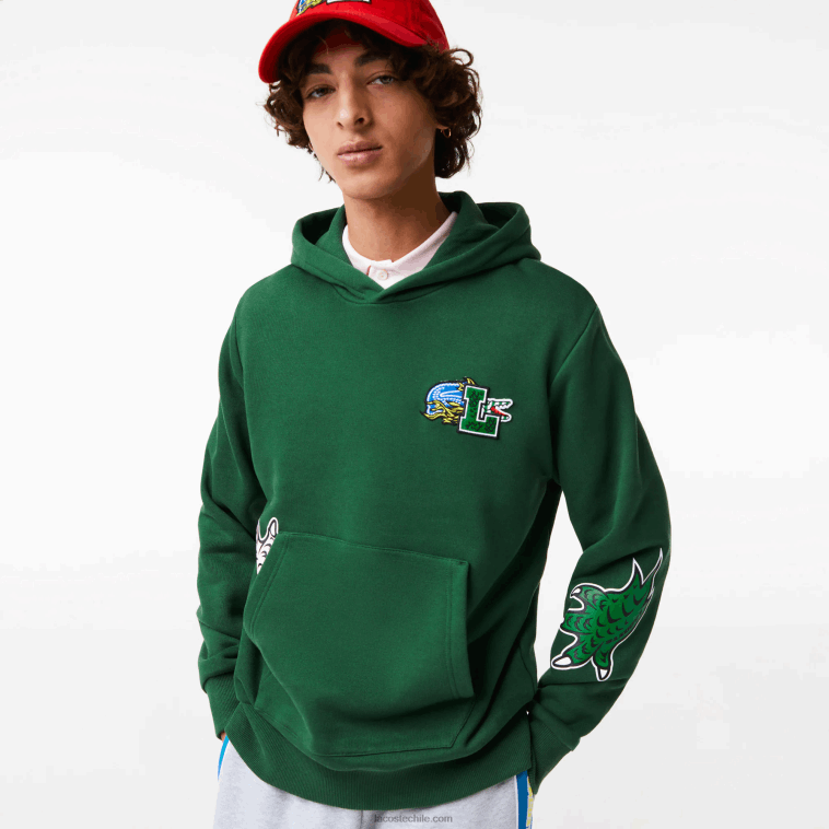 hombres Lacoste verde 132 sudadera con capucha y estampado de cómic N6XZ21132
