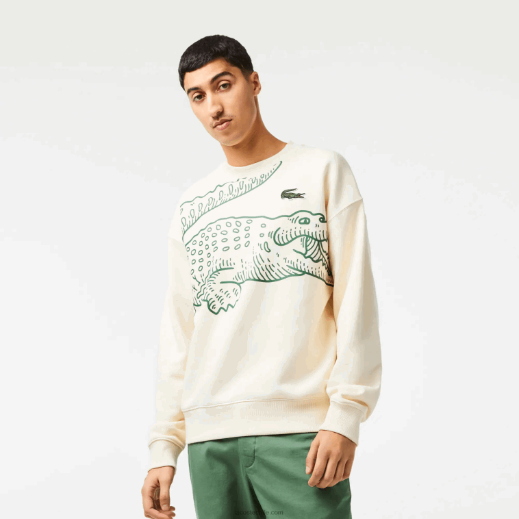 hombres Lacoste xfj blanco sudadera holgada con cuello redondo y estampado de cocodrilo N6XZ2360