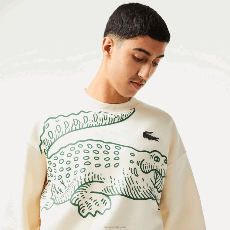 hombres Lacoste xfj blanco sudadera holgada con cuello redondo y estampado de cocodrilo N6XZ2360