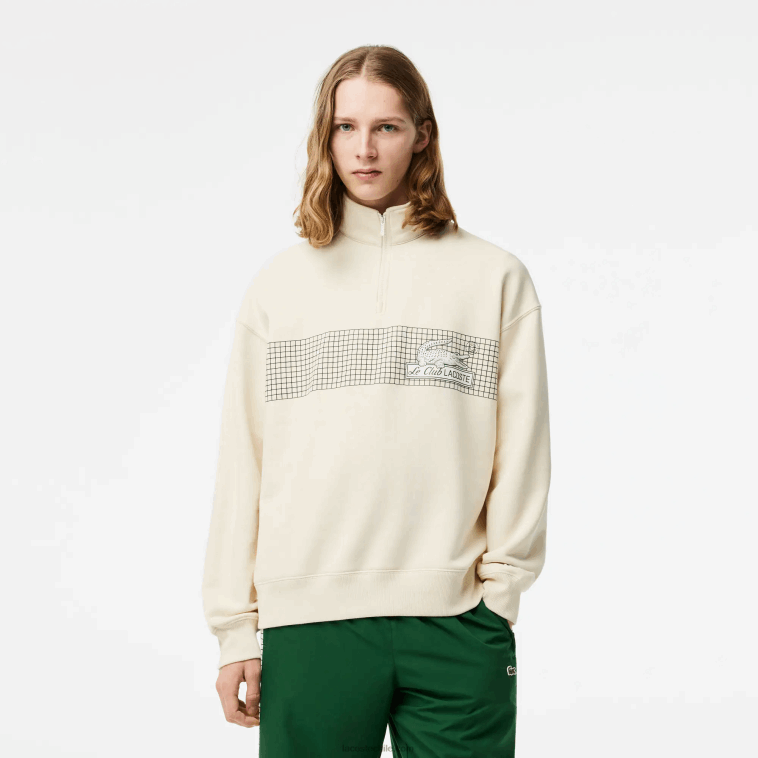 hombres Lacoste xfj blanco sudadera holgada de algodón orgánico con cremallera en el cuello N6XZ2282