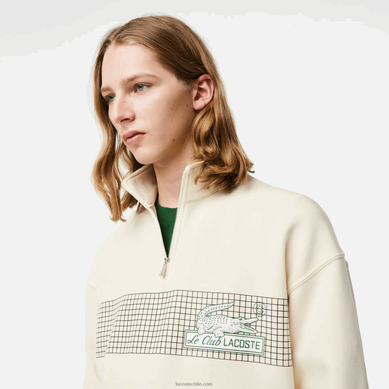 hombres Lacoste xfj blanco sudadera holgada de algodón orgánico con cremallera en el cuello N6XZ2282