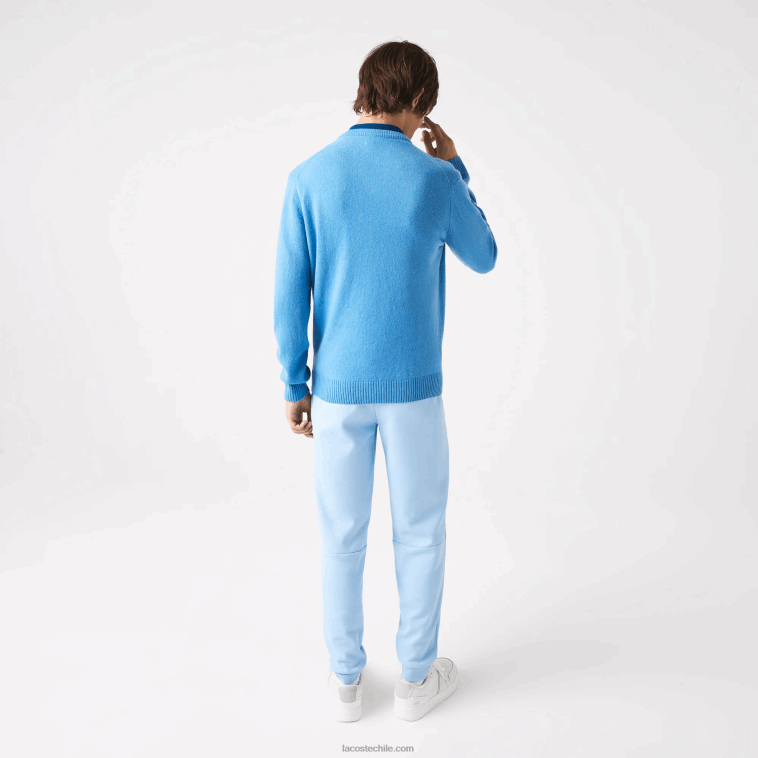 hombres Lacoste azul 4xa jersey de lana con cuello de pico N6XZ21553