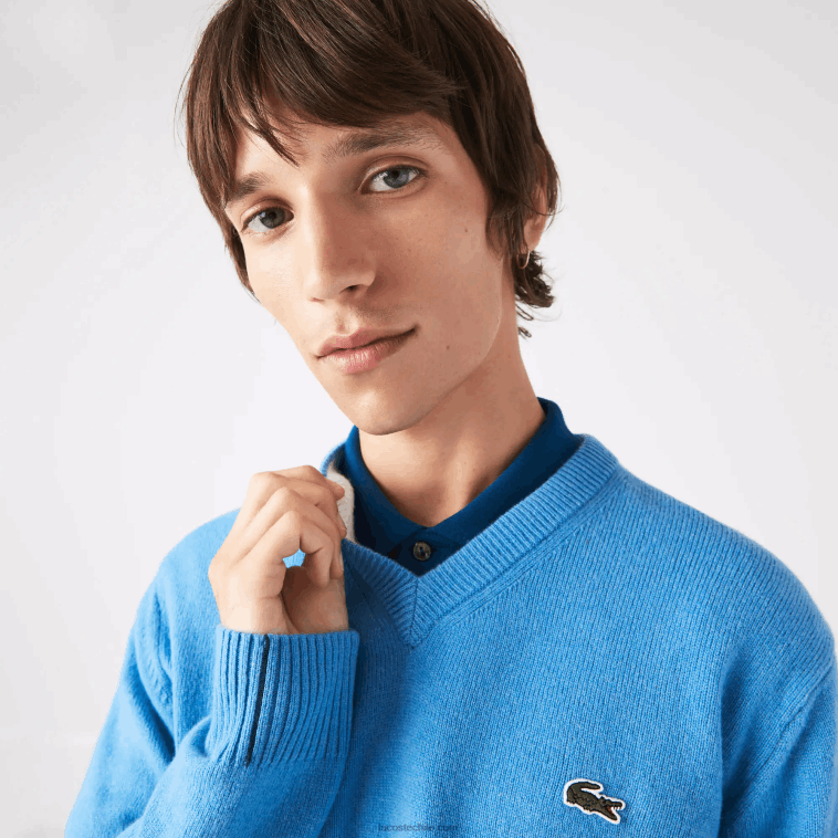 hombres Lacoste azul 4xa jersey de lana con cuello de pico N6XZ21553