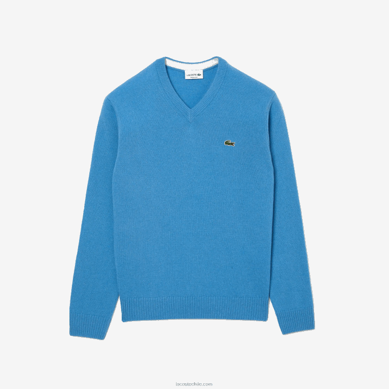 hombres Lacoste azul 4xa jersey de lana con cuello de pico N6XZ21553
