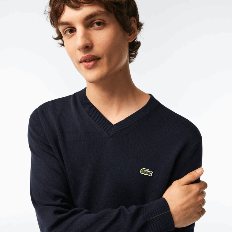 hombres Lacoste azul marino 166 jersey de algodón orgánico con cuello de pico N6XZ21326
