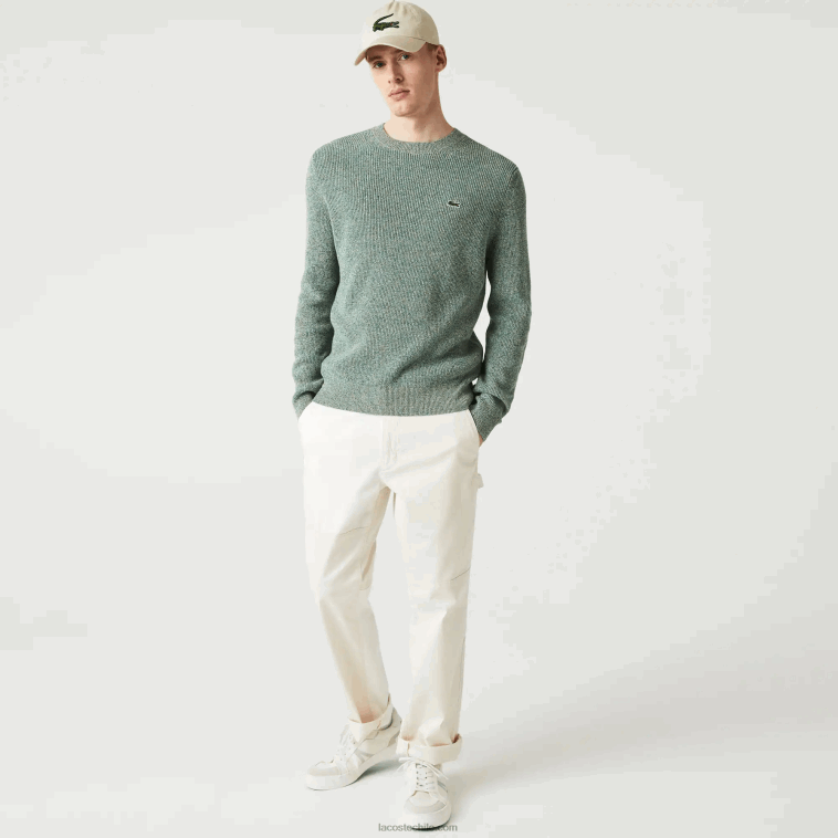 hombres Lacoste blanco verde beige ayq jersey de punto jaspeado con cuello redondo N6XZ21621 hombres Lacoste blanco verde beige ayq jersey de punto jaspeado con cuello redondo N6XZ21621