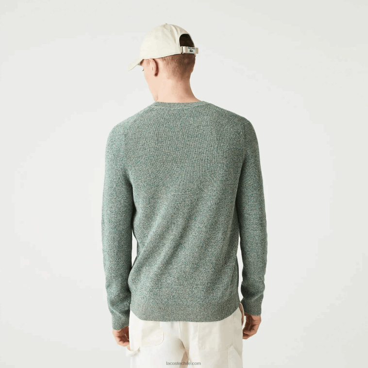 hombres Lacoste blanco verde beige ayq jersey de punto jaspeado con cuello redondo N6XZ21621