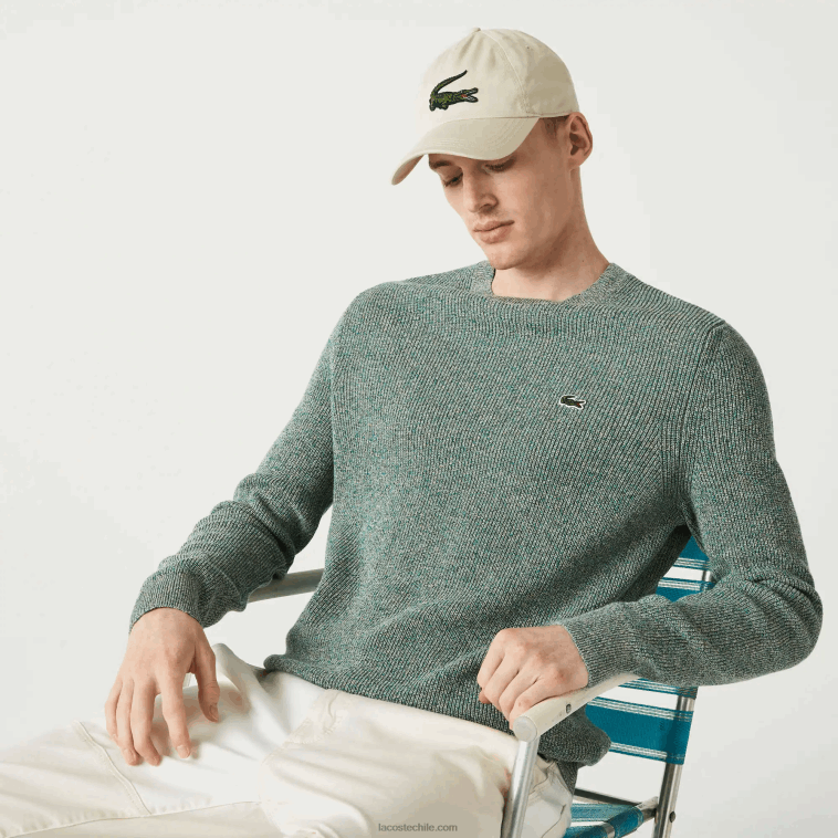 hombres Lacoste blanco verde beige ayq jersey de punto jaspeado con cuello redondo N6XZ21621