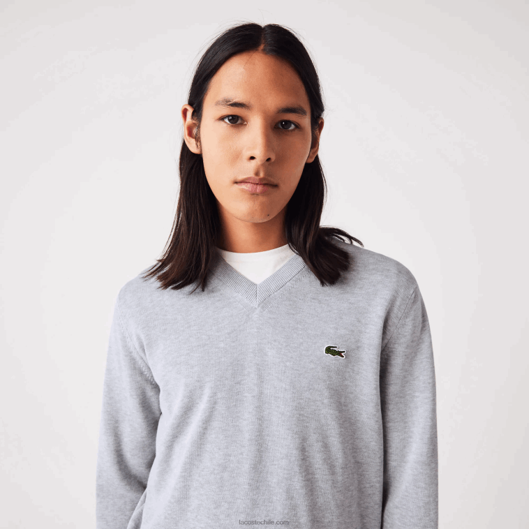 hombres Lacoste lomo gris cca jersey de algodón orgánico con cuello de pico N6XZ21568