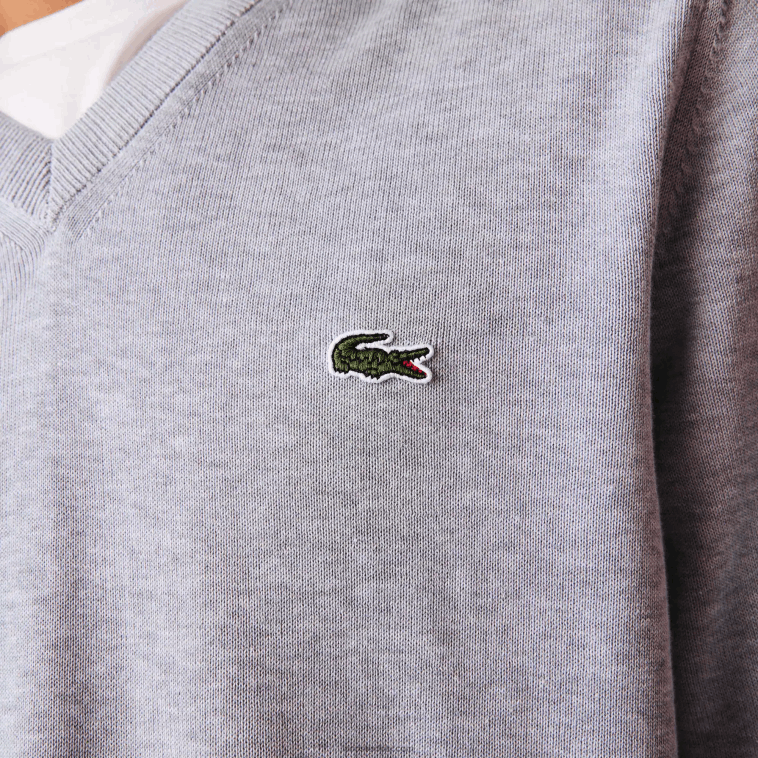 hombres Lacoste lomo gris cca jersey de algodón orgánico con cuello de pico N6XZ21568