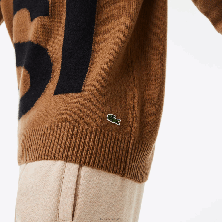 hombres Lacoste marrón negro xp9 suéter de lana con letras en contraste de corte clásico N6XZ21448