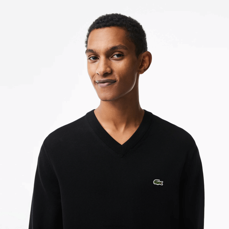 hombres Lacoste negro 031 jersey de algodón orgánico con cuello de pico N6XZ21323