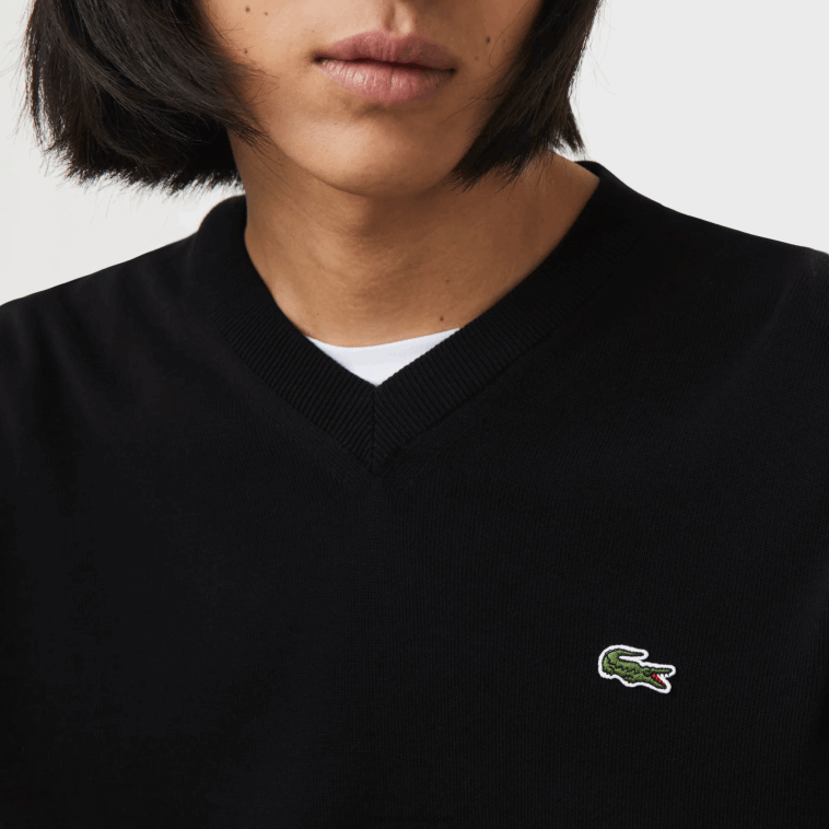 hombres Lacoste negro 031 jersey de algodón orgánico con cuello de pico N6XZ21323