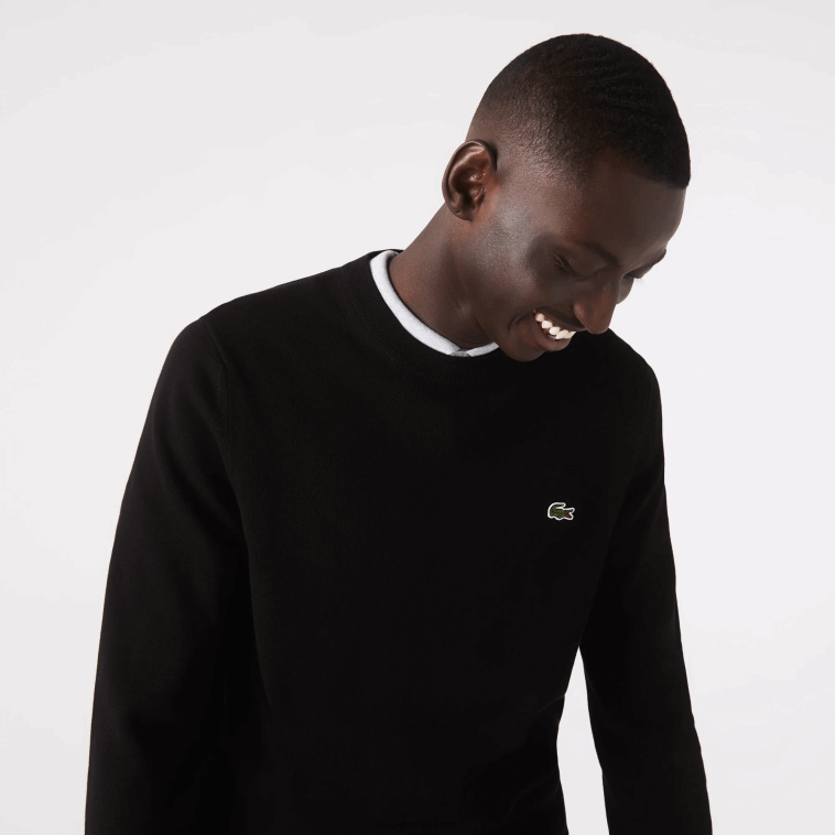 hombres Lacoste negro 031 jersey de algodón orgánico con cuello redondo N6XZ21450