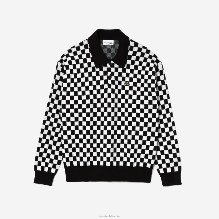 hombres Lacoste negro blanco 9m0 suéter de cuadros Heritage de corte holgado N6XZ21590