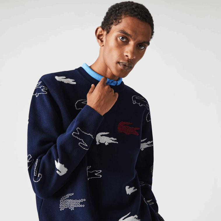 hombres Lacoste negro/blanco hhh jersey de jacquard de algodón orgánico con cuello redondo hecho en Francia N6XZ21629